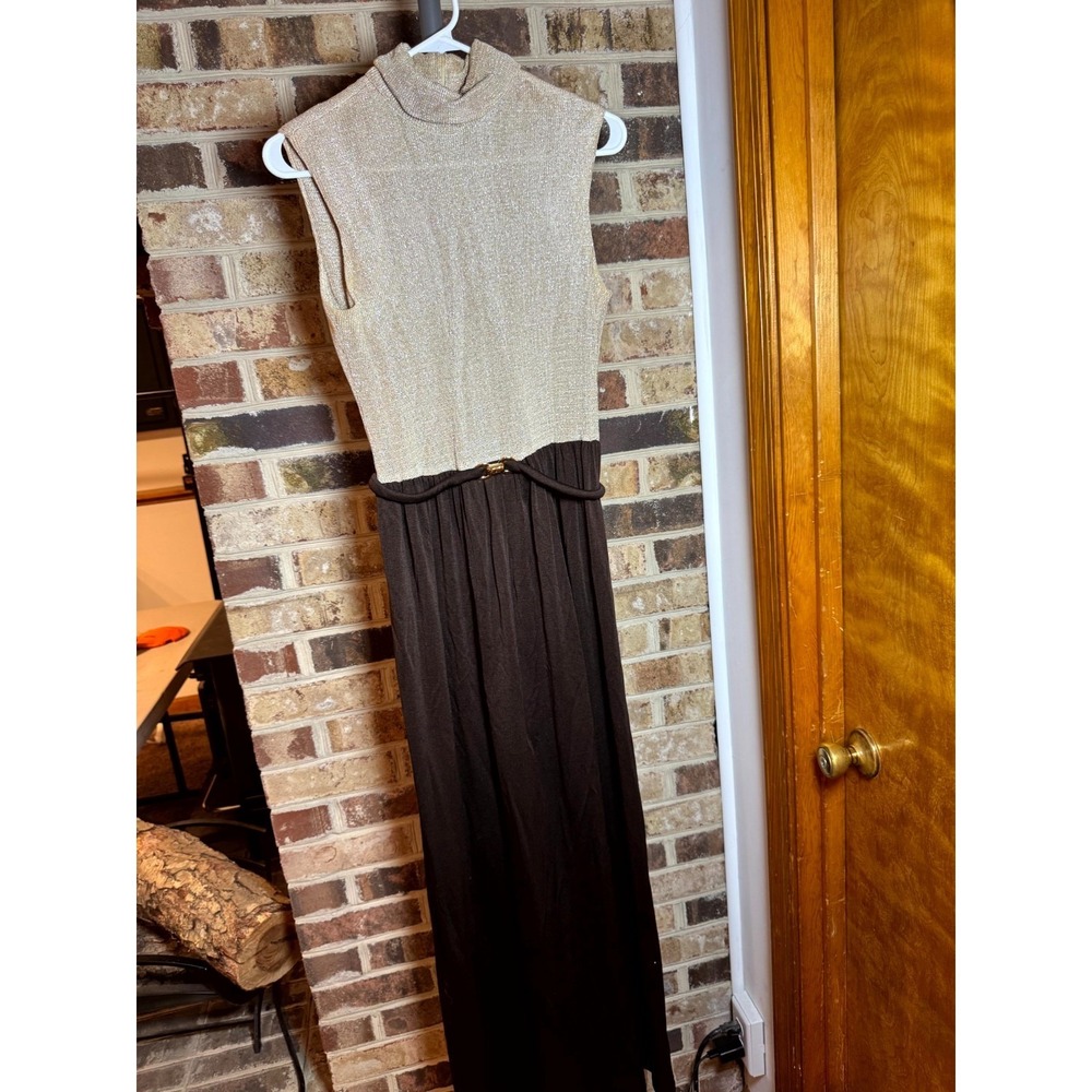 Womens Maxi Dress 12 Beige Brown Stretch Turtleneck Back Zip Sleeveless Formal
